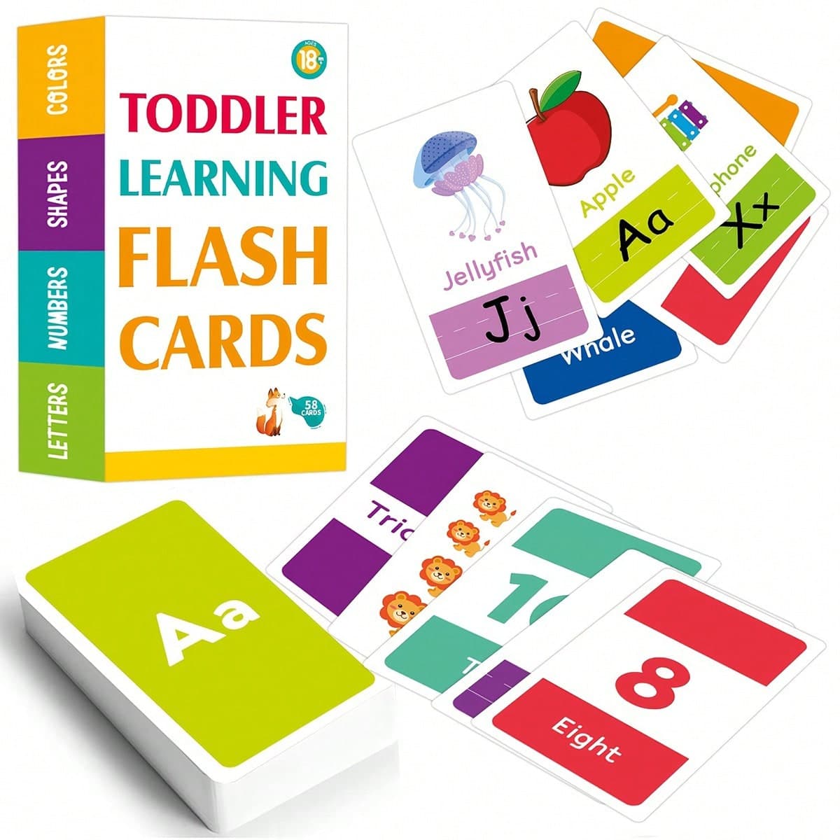 58 pièces de cartes d'images, grandes cartes flash d'alphabet pour tout-petits 2-4 ans, apprendre les couleurs, les nombres, les formes, les