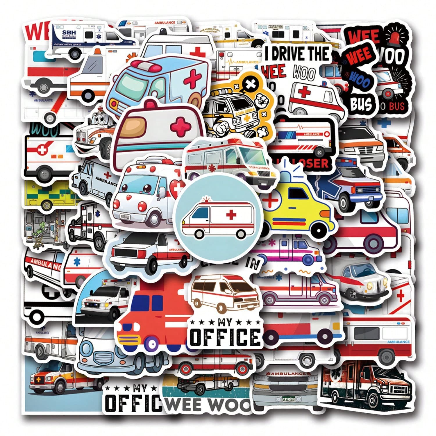 55 pièces Étiquettes autocollantes imperméables de style ambulance, dessins animés avec citations inspirantes pour la décoration de journal